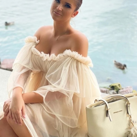 Ruffle dress mesh off shoulder fairy layer cream - Picture 14 of 14